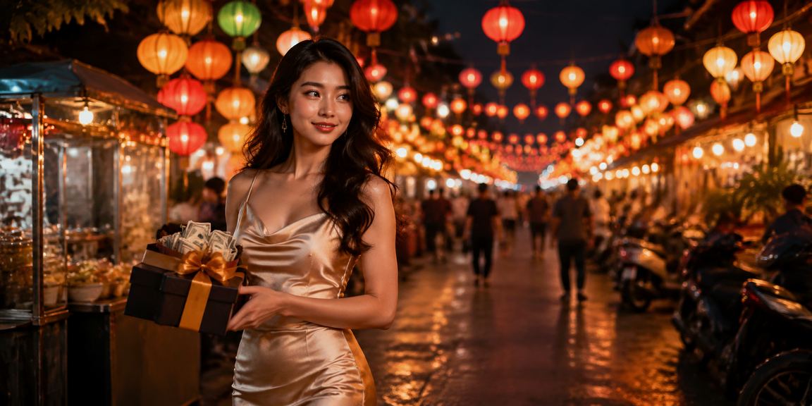 Cảnh chợ đêm Ninh Bình nơi người dùng tranh thủ kiểm tra voucher trên điện thoại