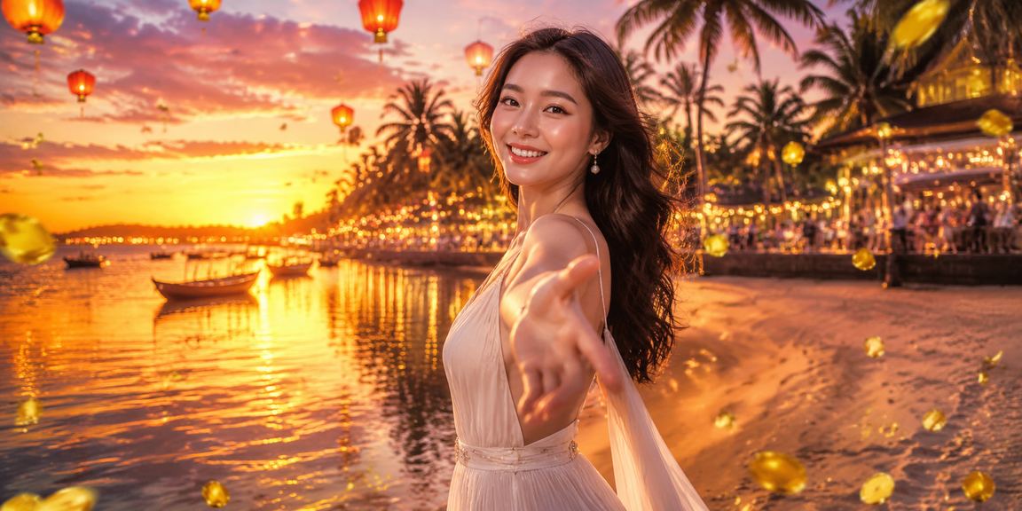 Khung cảnh bãi biển Phú Quốc với người dùng kiểm tra đặt cược và giao dịch tài chính trực tuyến